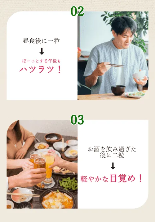 02｜昼食後に一粒→ぼーっとする午後もハツラツ！｜03｜お酒を飲み過ぎた後に二粒→軽やかな目覚め！